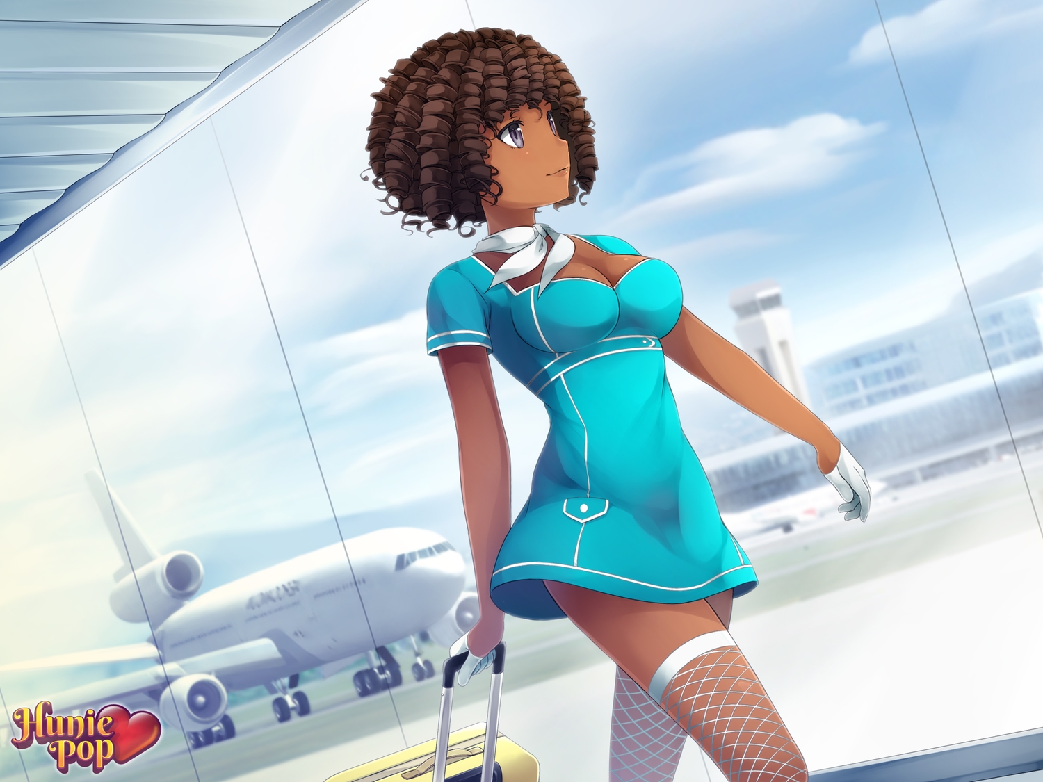 aircraft, breasts, brown_hair, cleavage, dark_skin, dress, gloves, hunie_pop