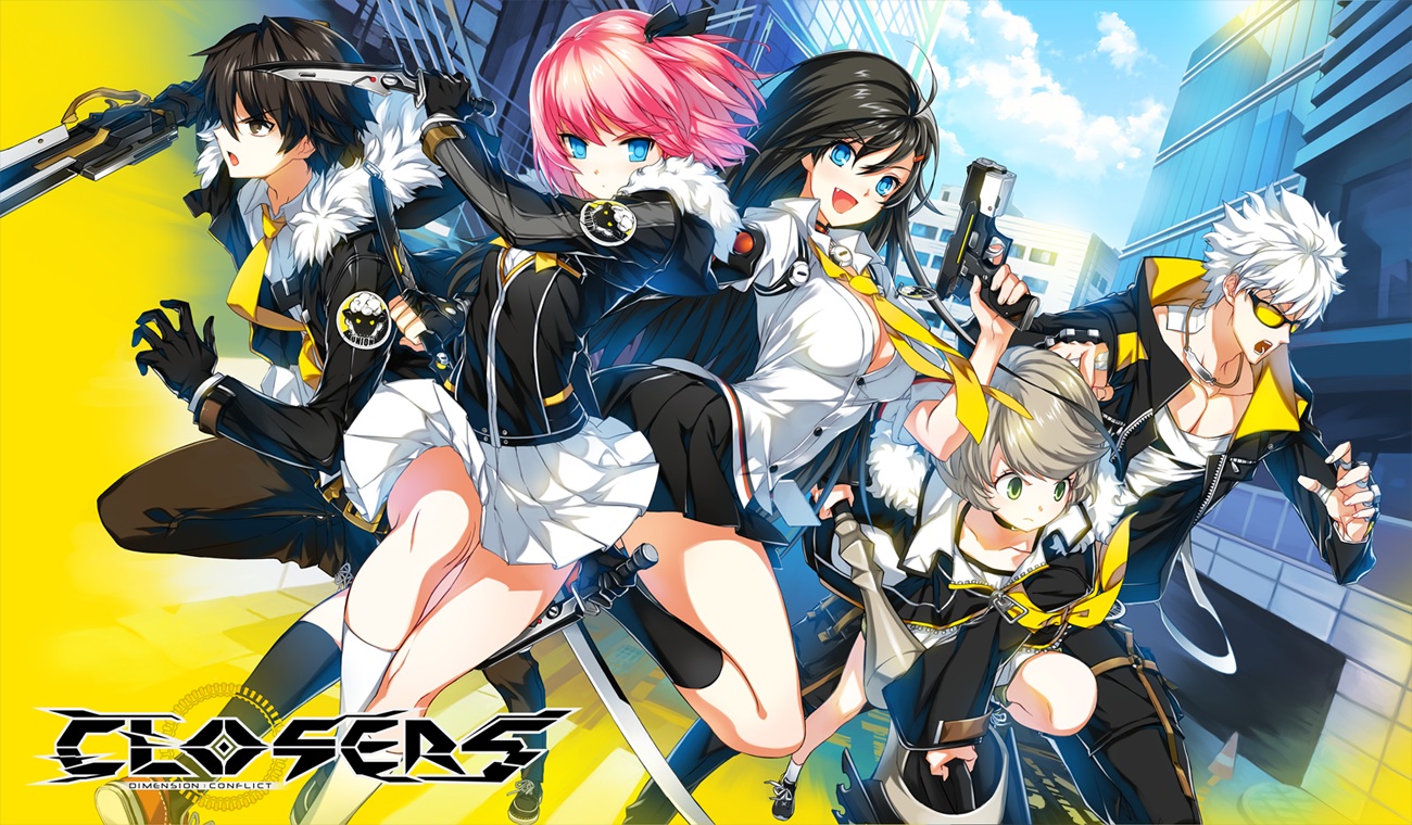 black_eyes, black_hair, blue_eyes, breasts, brown_hair, building, chkuyomi, cleavage, closers, fang, gloves, goggles, green_eyes, group, gun, j_(closers), lee_seha, lee_seulbi, long_hair, male, mistilteinn_(closers), pink_hair, seo_yuri, short_hair, skirt, socks, sunglasses, sword, weapon, white_hair