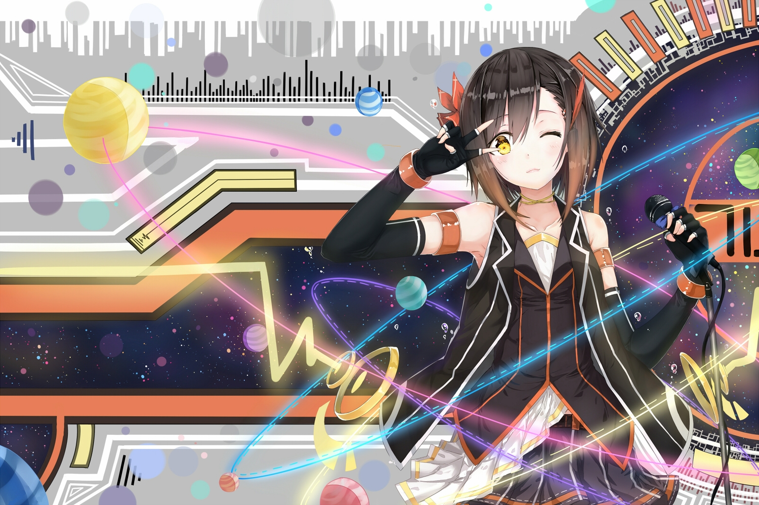 black_hair, elbow_gloves, gloves, microphone, original, ribbons, short_hair, skirt, warg, wink, yellow_eyes