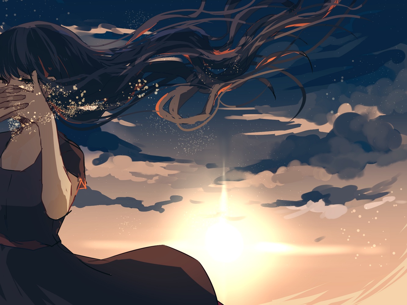 black_hair, clouds, danjou_sora, dress, long_hair, vocaloid