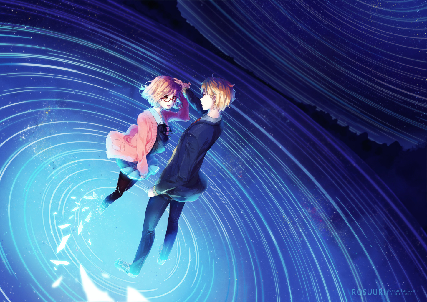 blonde_hair, blue, glasses, kanbara_akihito, kuriyama_mirai, kyoukai_no_kanata, male, pantyhose