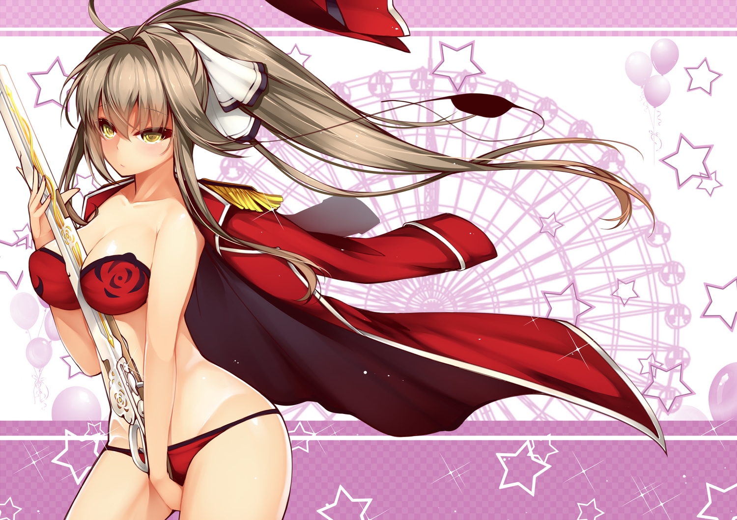 amagi_brilliant_park, bikini, breasts, brown_hair, cleavage, dean, gun, long_hair