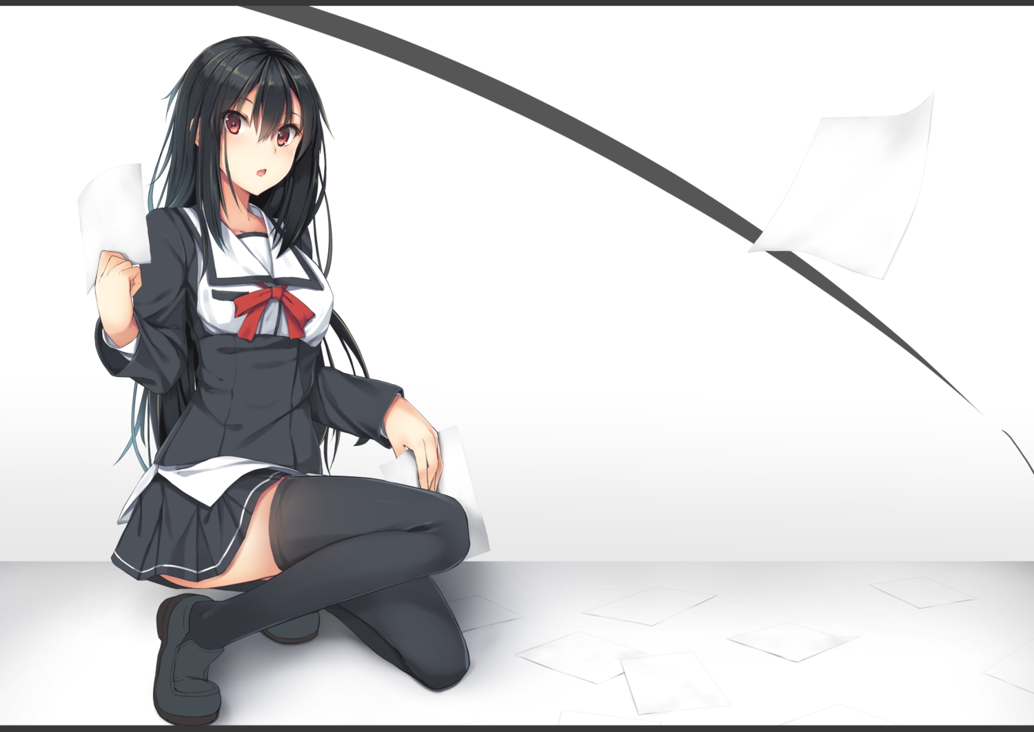 black_hair, bow, karakura, long_hair, original, paper, red_eyes, school_uniform, skirt, thighhighs, white