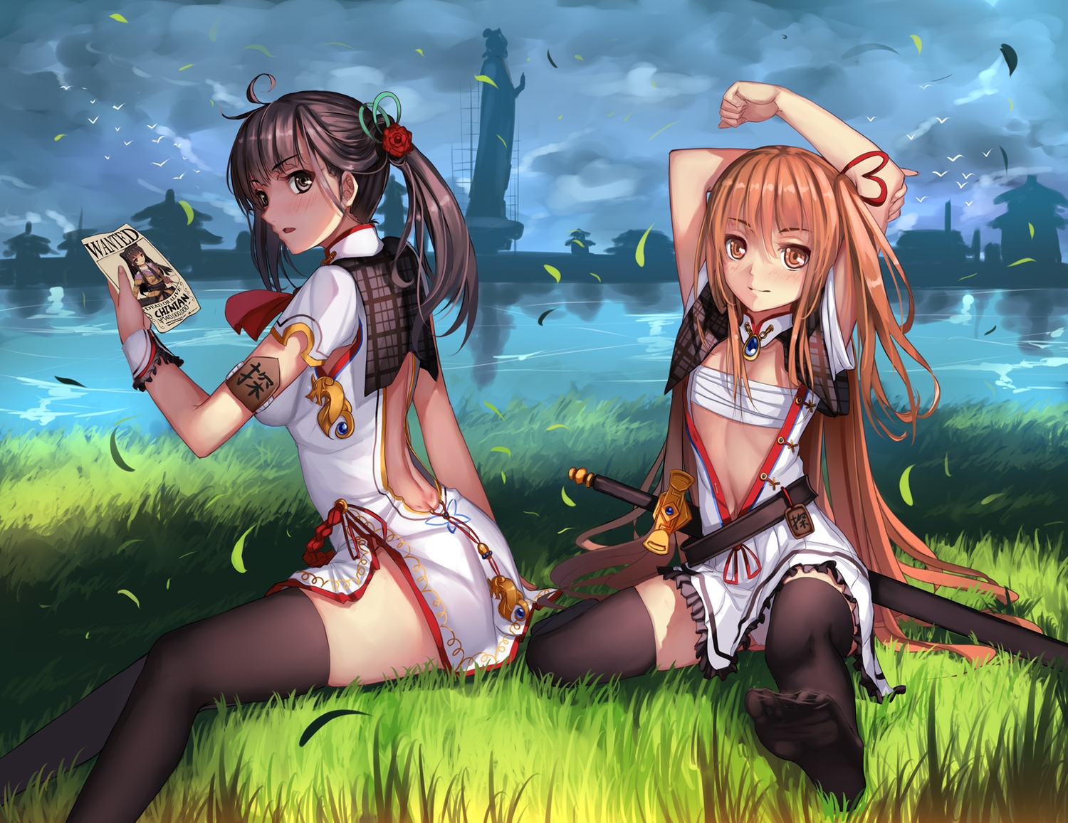2girls, black_hair, blush, brown_eyes, grass, kaku-san-sei_million_arthur, long_hair, orange_eyes