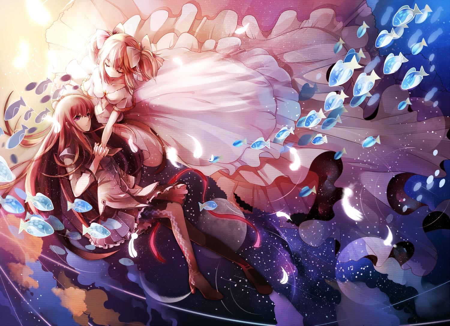 2girls, akemi_homura, animal, dress, fish, kaname_madoka, long_hair, mahou_shoujo_madoka_magica, pantyhose, ribbons, sevenann, short_hair, skirt, water