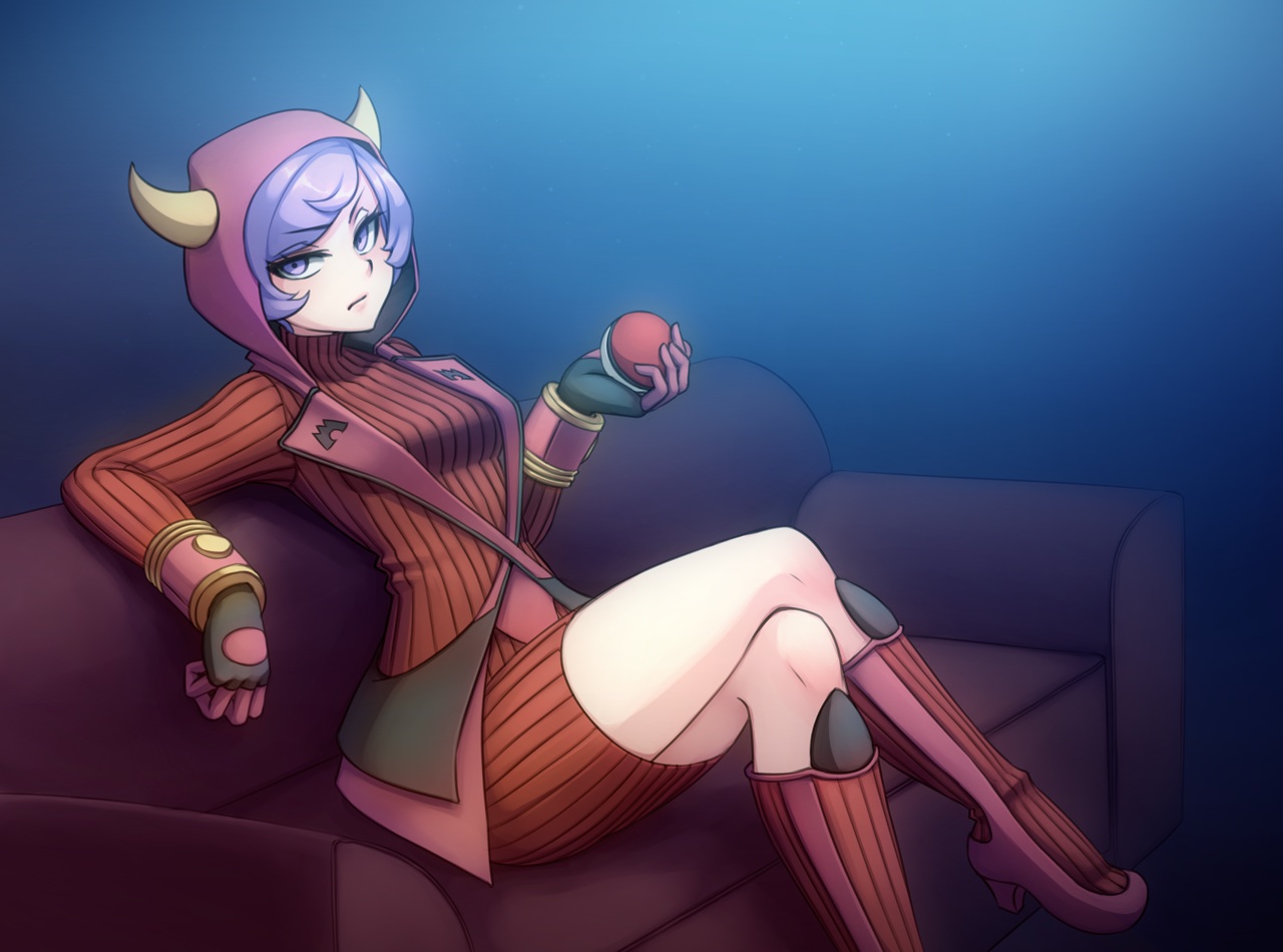 boots, gloves, gradient, horns, kagari_(pokemon), kneehighs, monorus, pokemon, purple_eyes, purple_hair, short_hair