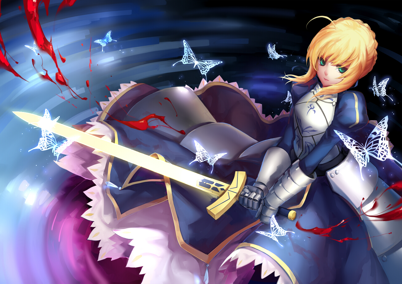 armor, artoria_pendragon_(all), blonde_hair, blood, butterfly, dress, fate_(series), fate/stay_night