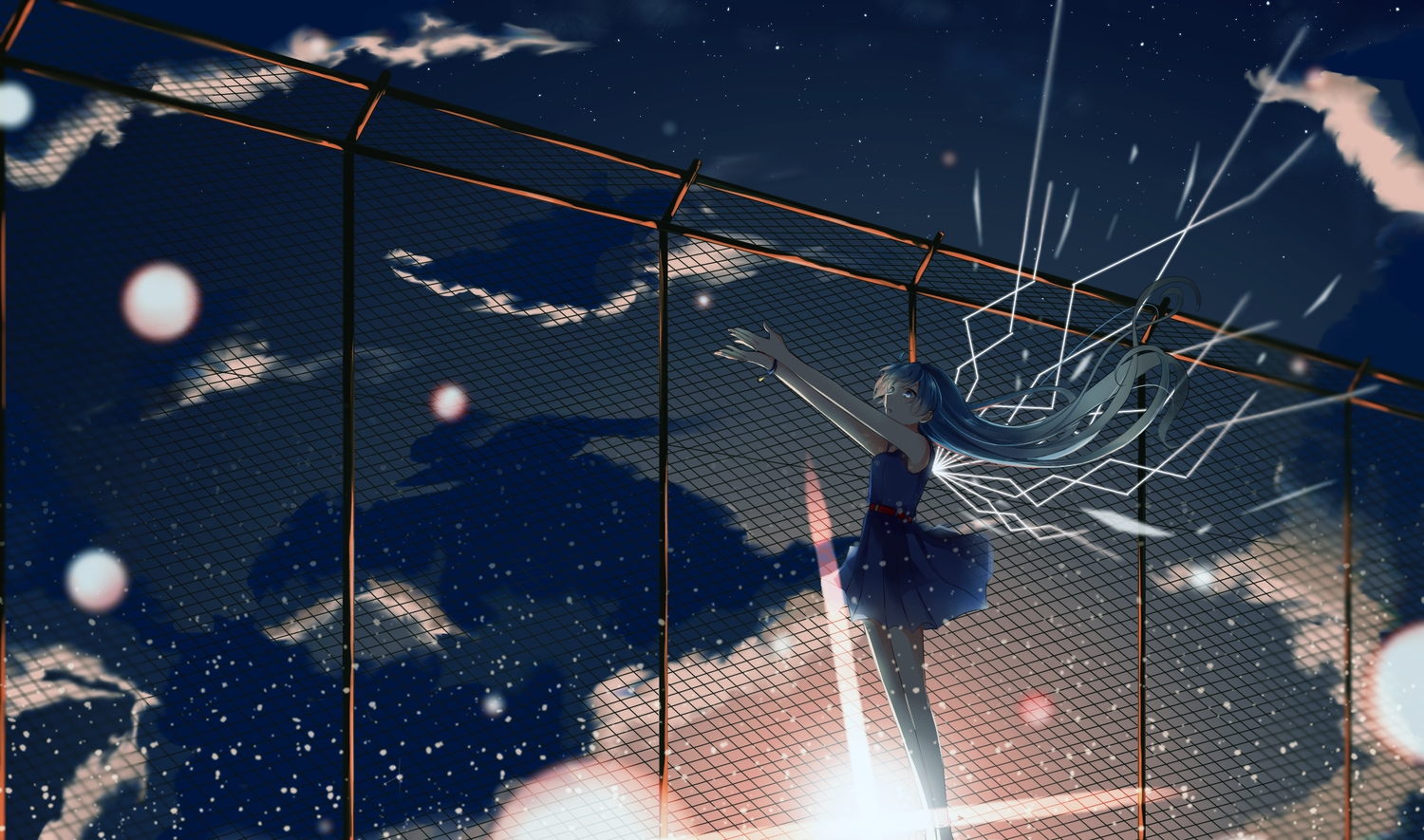aqua_hair, clouds, dress, hatsune_miku, hinata_(uzukitten), long_hair, moon, sky, stars, twintails, vocaloid, yoake_to_hotaru_(vocaloid)