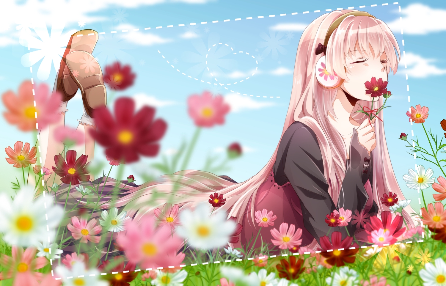flowers, headphones, long_hair, megurine_luka, pink_hair, ribbons, socks, tsujiori, vocaloid