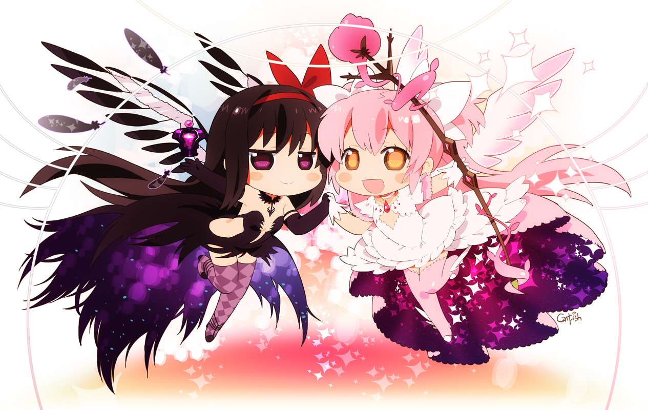 2girls, akemi_homura, akuma_homura, chibi, dress, headband, kaname_madoka, long_hair