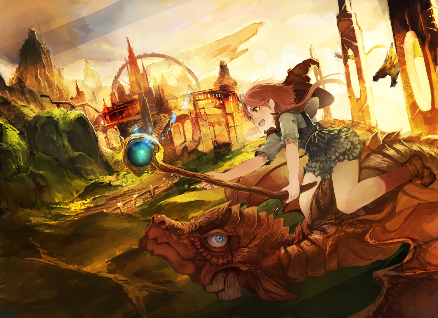 building, dragon, dress, hat, original, red_hair, rikkido, staff