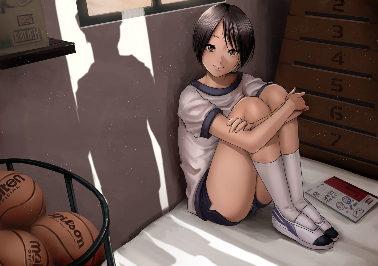 black_hair, brown_eyes, gym_uniform, original, pao_(otomogohan), short_hair, socks