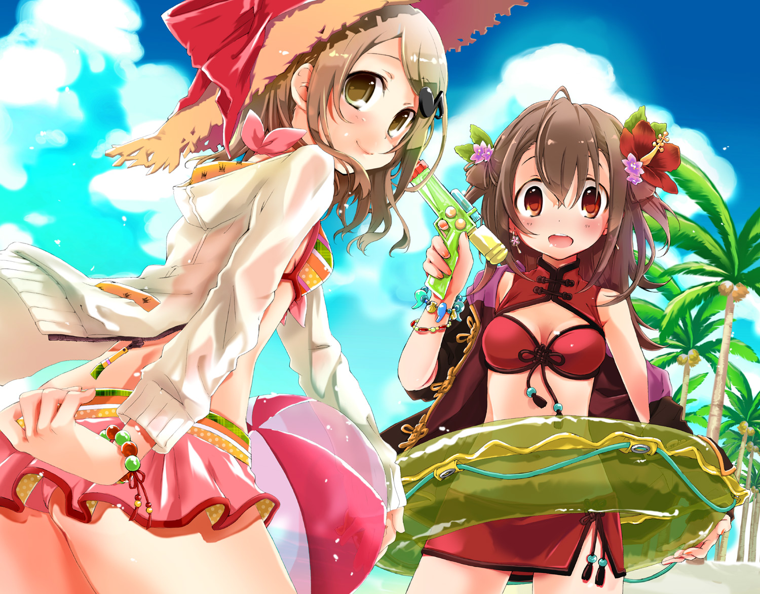 2girls, bikini, bow, breasts, brown_hair, cleavage, hekicha, long_hair