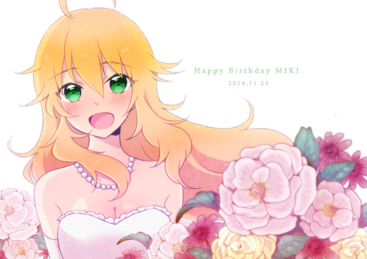 blonde_hair, flowers, green_eyes, hoshii_miki, idolmaster, long_hair, naju_soreiyu, necklace