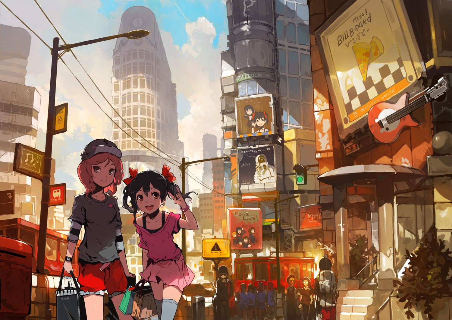 2girls, andrian_gilang, black_hair, bow, brown_eyes, building, city, hat, love_live!_school_idol_project, nishikino_maki, red_hair, short_hair, skirt, thighhighs, twintails, wristwear, yazawa_nico