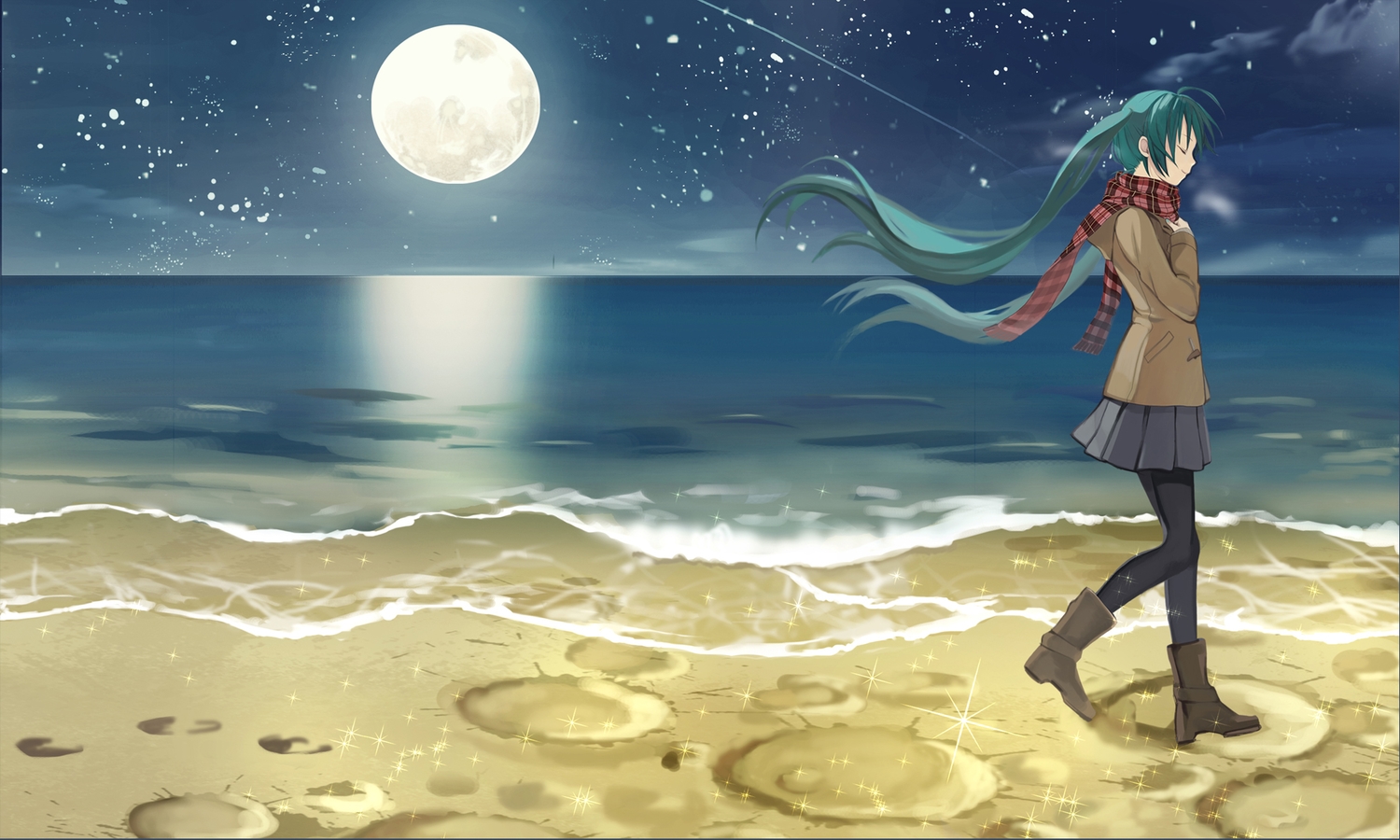 beach, boots, green_hair, hatsune_miku, kari_kenji, long_hair, moon, pantyhose