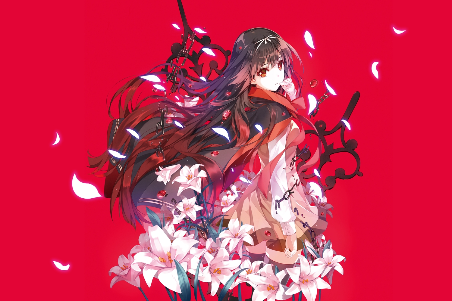 black_hair, brown_eyes, brown_hair, chain, dress, flowers, kuroya_shinobu, long_hair