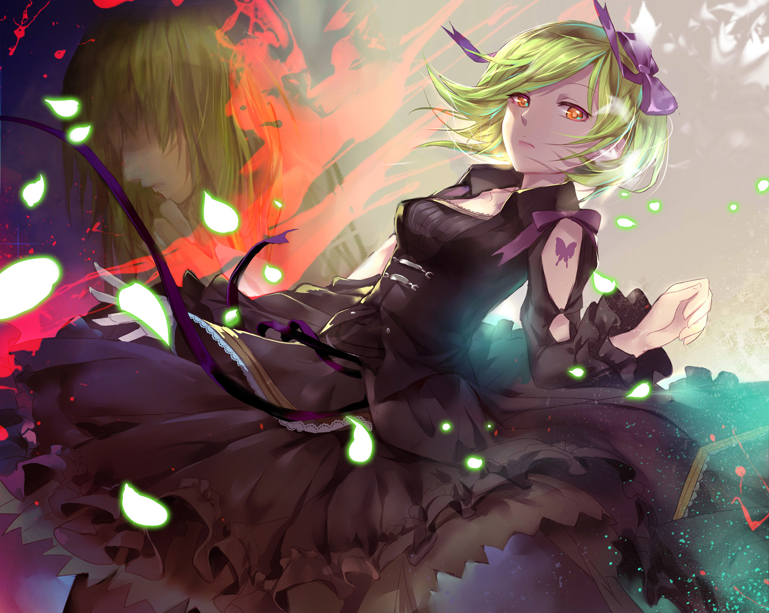 bow, gabu.c, green_hair, orange_eyes, petals, ribbons, sheri, short_hair, skirt, tattoo, unlight