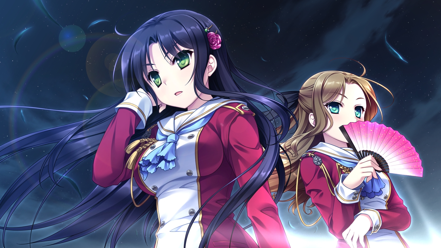 2girls, akatsuki-works, black_hair, blue_eyes, brown_hair, clouds, game_cg, green_eyes, hello_lady!, kabutoyama_mitori, long_hair, night, otonashi_saku, saeki_hokuto, sky, stars