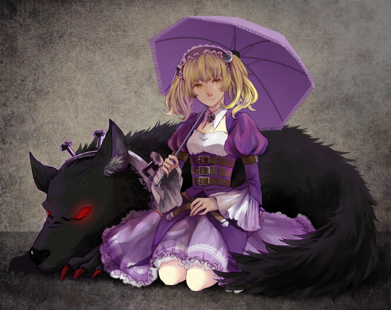 animal, blonde_hair, choker, cistron, dress, headdress, sheri, twintails, umbrella, unlight, wolf, yellow_eyes