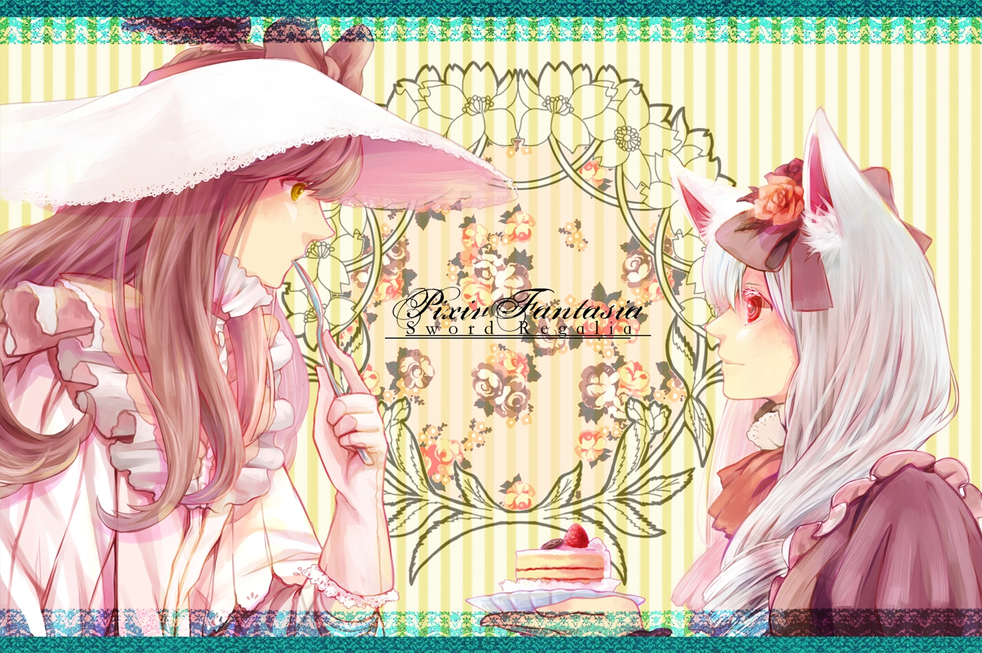 animal_ears, bow, brown_hair, cake, cistron, flowers, food, fruit, hat, long_hair, original, pixiv_fantasia, red_eyes, strawberry, white_hair, yellow_eyes