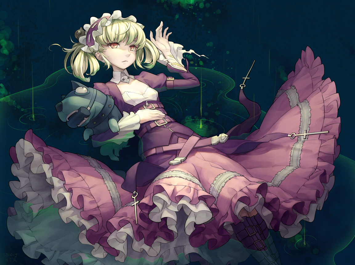 animal, choker, cross, dog, dress, green_hair, headdress, orange_eyes, sheri, short_hair, signed, tennohi, twintails, unlight, water