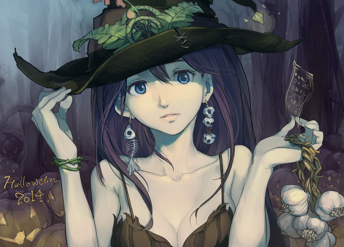 blue_eyes, bones, breasts, brown_hair, cleavage, food, halloween, hat