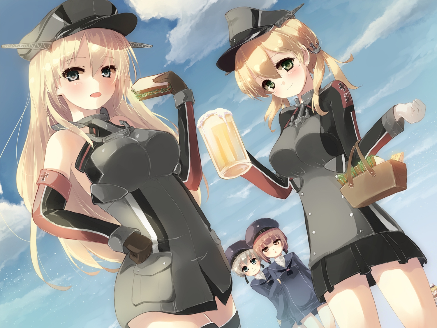 anthropomorphism, bismarck_(kancolle), blonde_hair, brown_eyes, brown_hair, clouds, drink, elbow_gloves