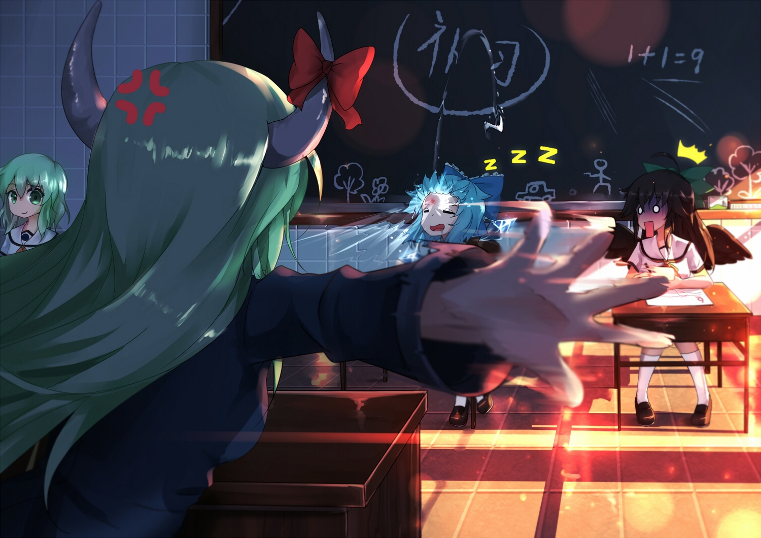 black_hair, blue_hair, cirno, ex_keine, fairy, green_eyes, green_hair, group
