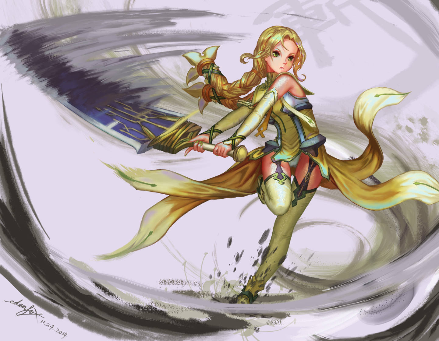 blonde_hair, dress, edenfox, green_eyes, inubouzaki_fuu, long_hair, panties, signed