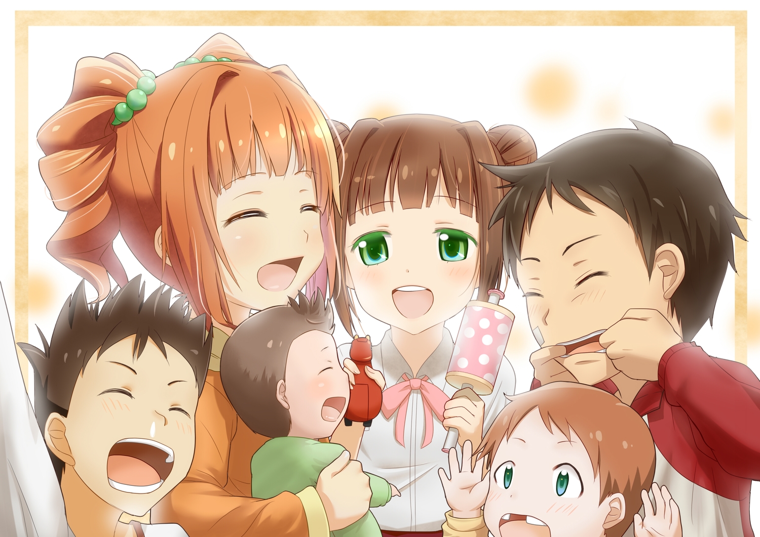 bandaid, brown_hair, green_eyes, group, idolmaster, komore, male, orange_hair, short_hair, takatsuki_chousuke, takatsuki_kasumi, takatsuki_kouji, takatsuki_koutarou, takatsuki_kouzou, takatsuki_yayoi