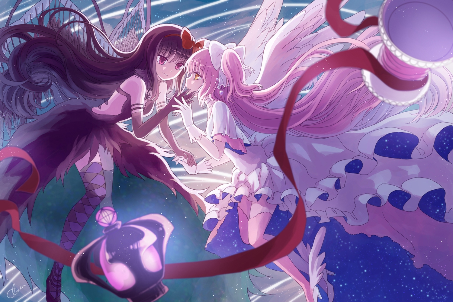 2girls, akemi_homura, akuma_homura, black_hair, dress, elbow_gloves, gloves, kaname_madoka, li_luo, long_hair, mahou_shoujo_madoka_magica, pink_hair, thighhighs, ultimate_madoka, wings