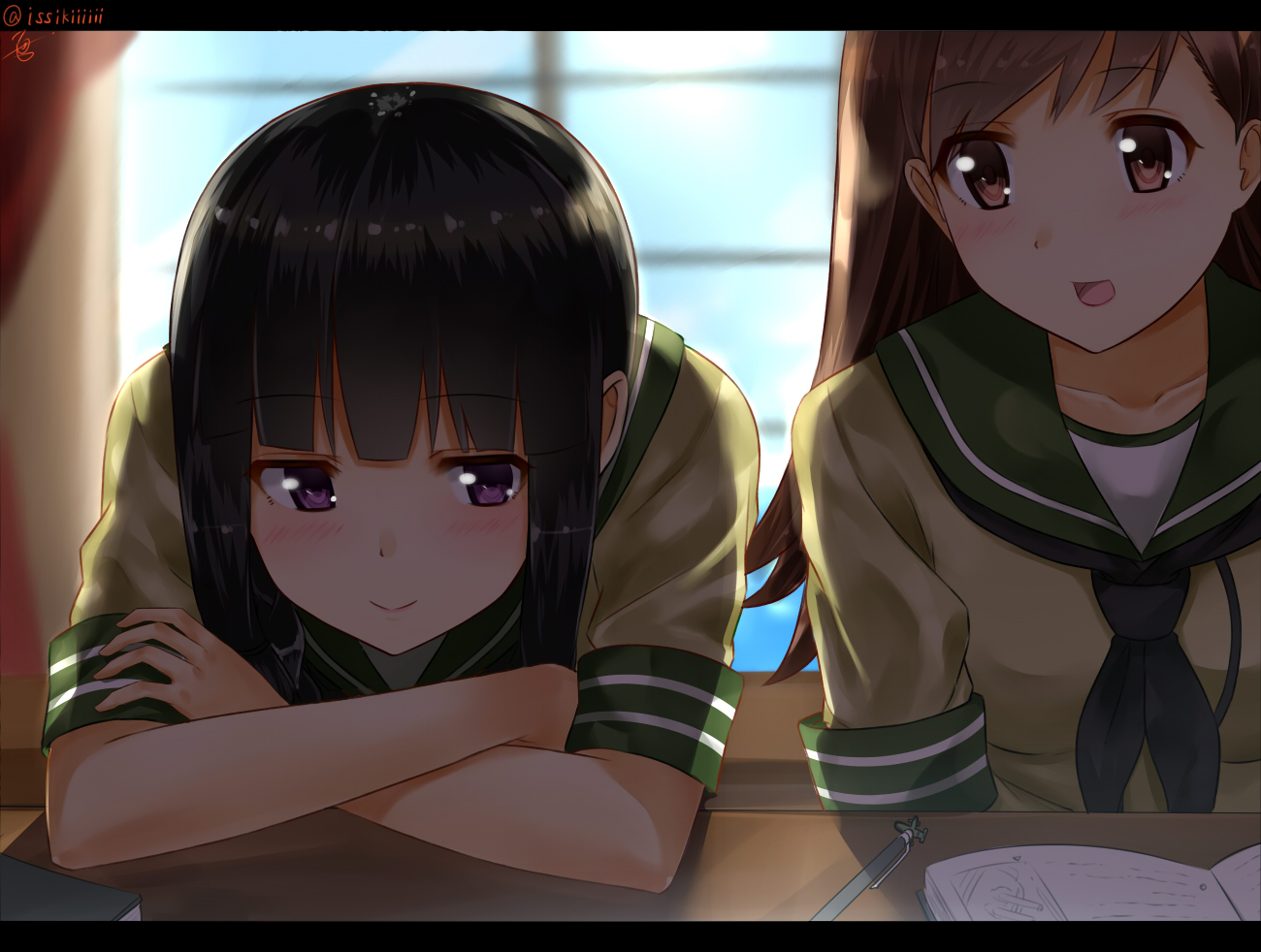 2girls, anthropomorphism, black_hair, blush, brown_eyes, brown_hair, ffmania7, kantai_collection
