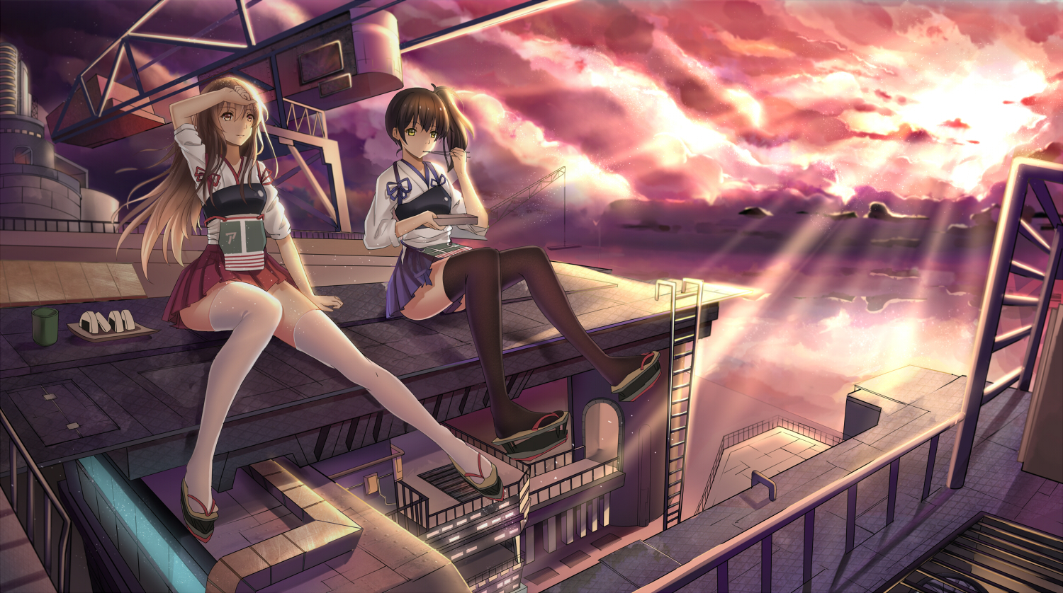 2girls, akagi_(kancolle), anthropomorphism, brown_eyes, brown_hair, food, japanese_clothes, kaga_(kancolle)