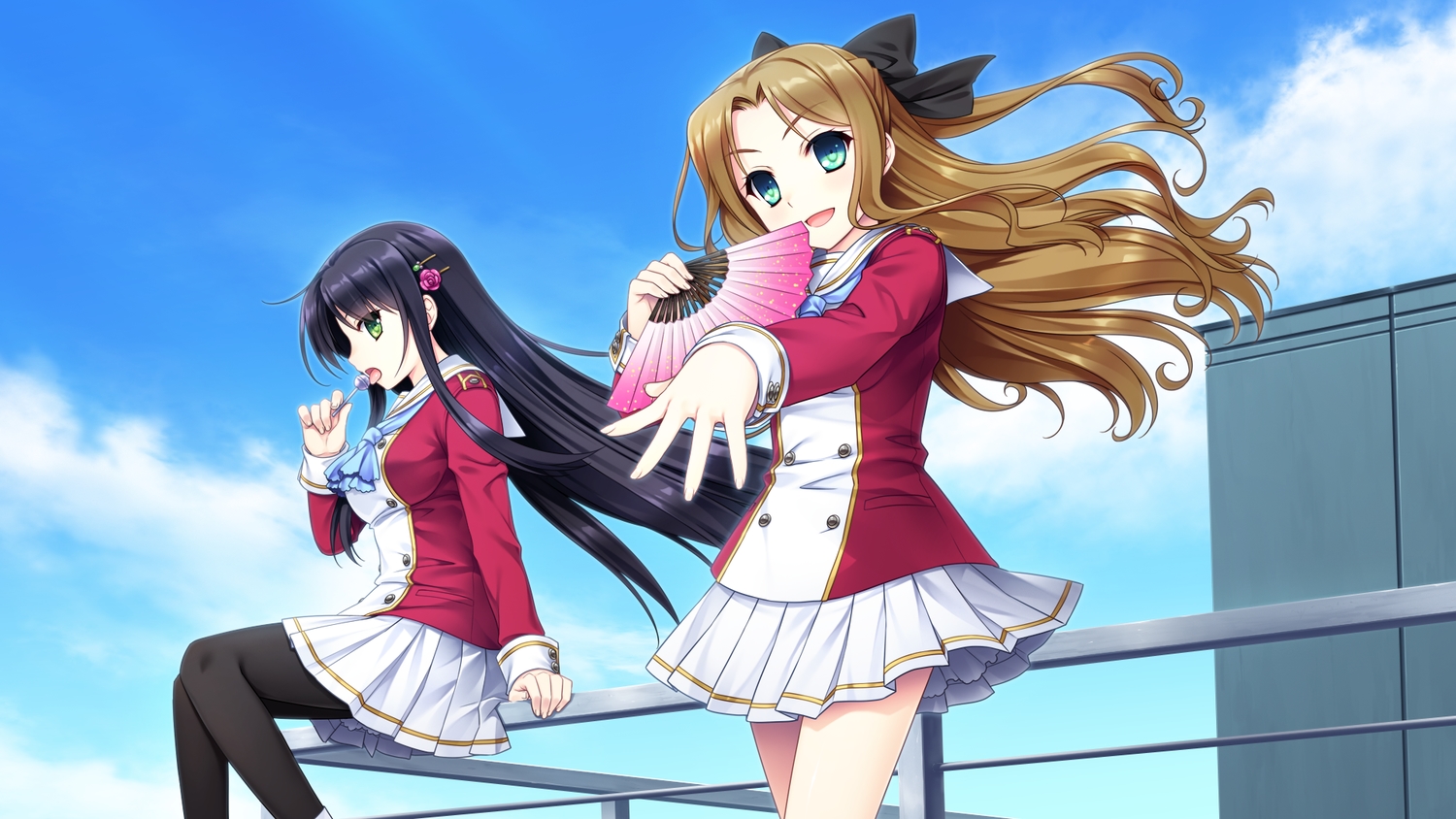 2girls, akatsuki-works, black_hair, brown_hair, candy, clouds, game_cg, hello_lady!, kabutoyama_mitori, lollipop, long_hair, otonashi_saku, saeki_hokuto, skirt, sky