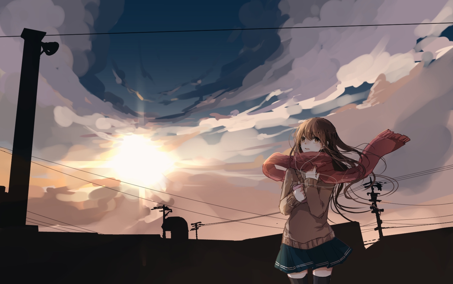 brown_eyes, brown_hair, danjou_sora, headphones, original, scarf, skirt, sunset