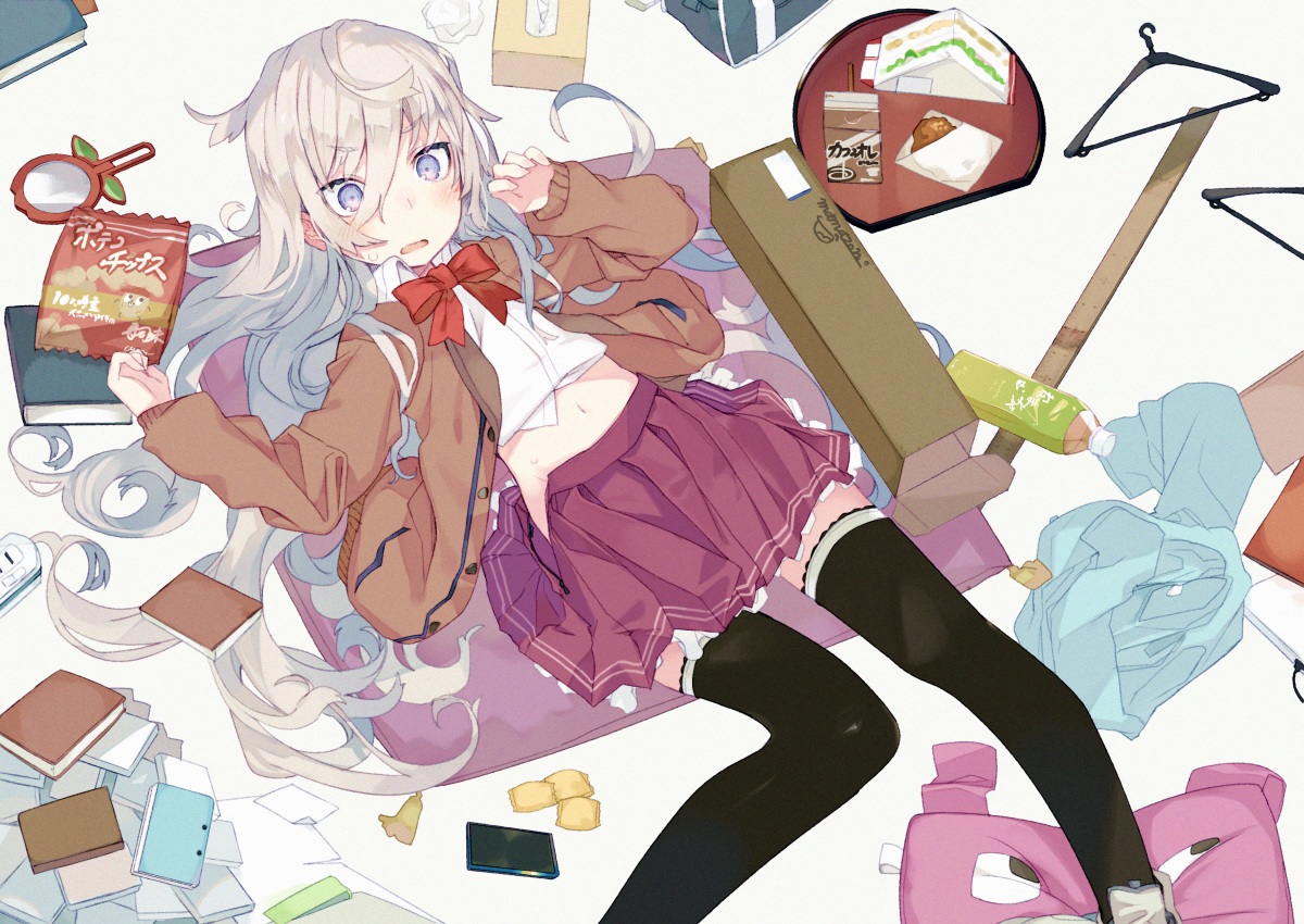 blue_eyes, book, bow, drink, food, karei_(hirameme), long_hair, navel