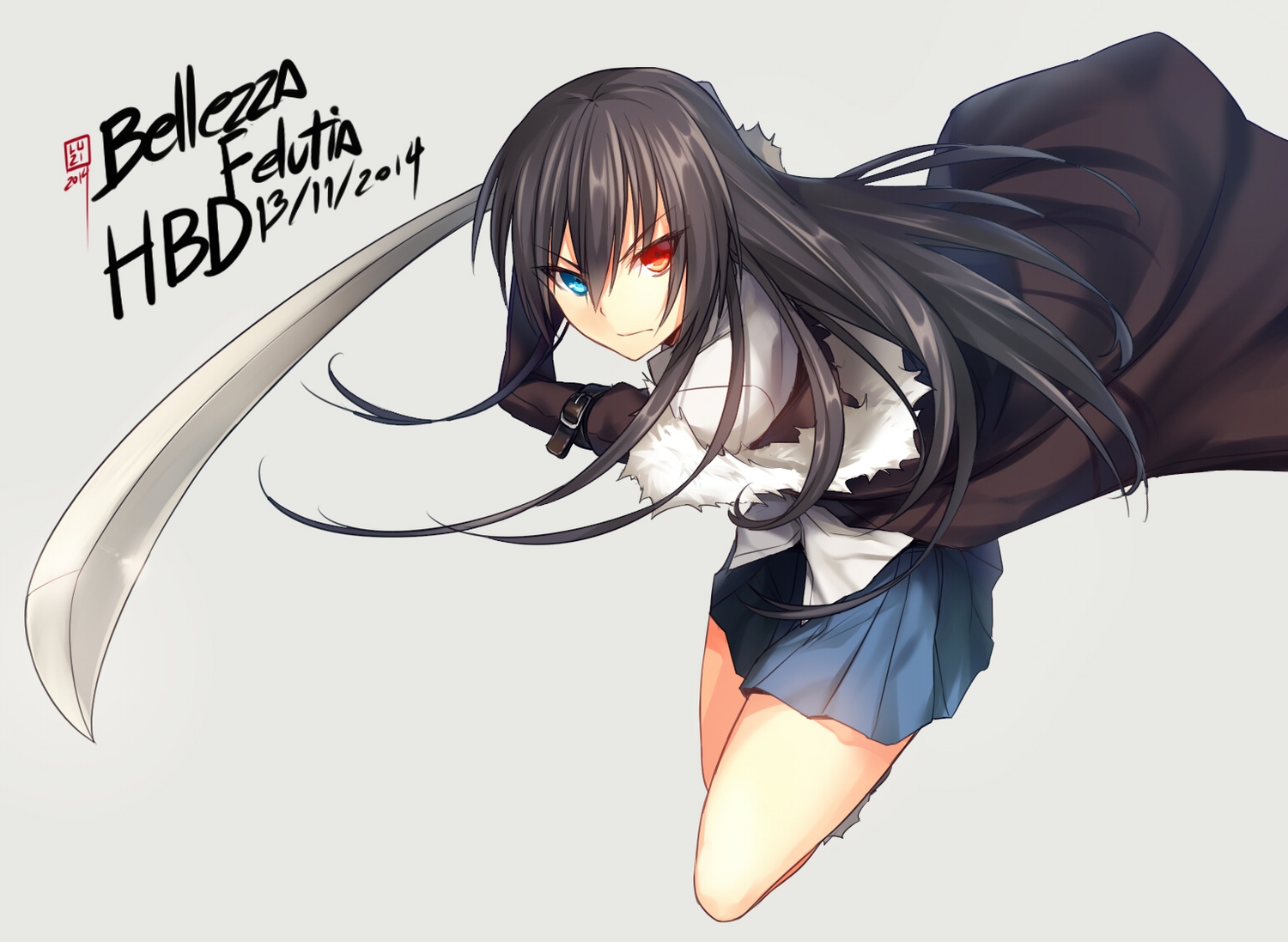 all_male, bellezza_felutia, bicolored_eyes, black_hair, coffee-straw-luzi, gray, katana, long_hair, male, original, otoko_no_ko, signed, skirt, sword, weapon
