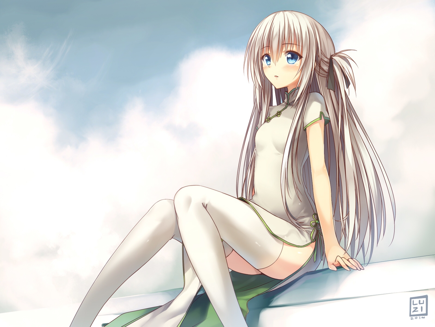 aqua_eyes, blush, chinese_clothes, chinese_dress, clouds, coffee-straw-luzi, dress, long_hair, original, ribbons, signed, thighhighs, white_hair