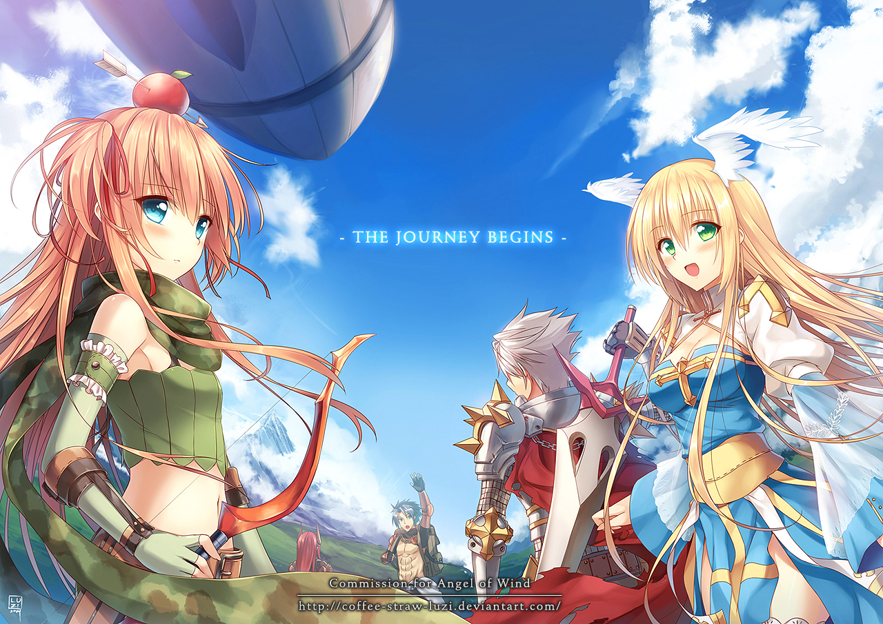 airship, apple, aqua_eyes, armor, black_hair, blonde_hair, blush, bow_(weapon)
