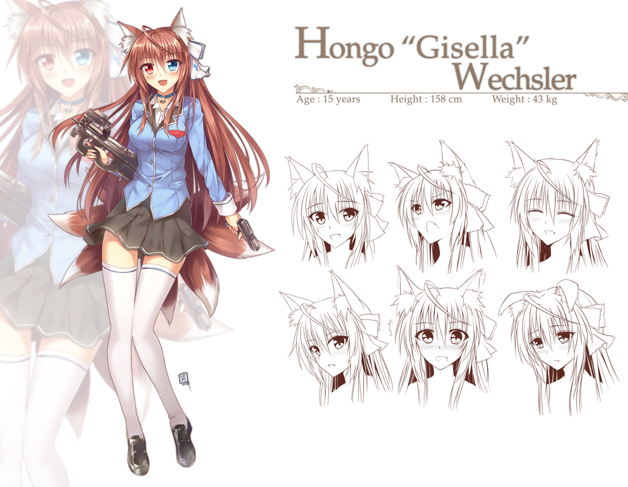 animal_ears, bell, bicolored_eyes, brown_hair, coffee-straw-luzi, collar, foxgirl, gun