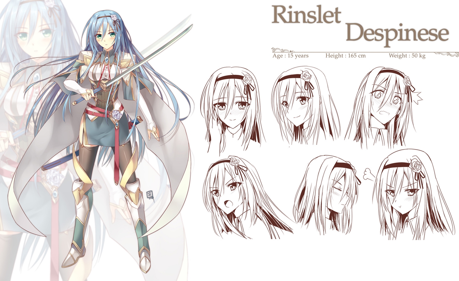 armor, blue_hair, blush, boots, coffee-straw-luzi, green_eyes, headband, katana