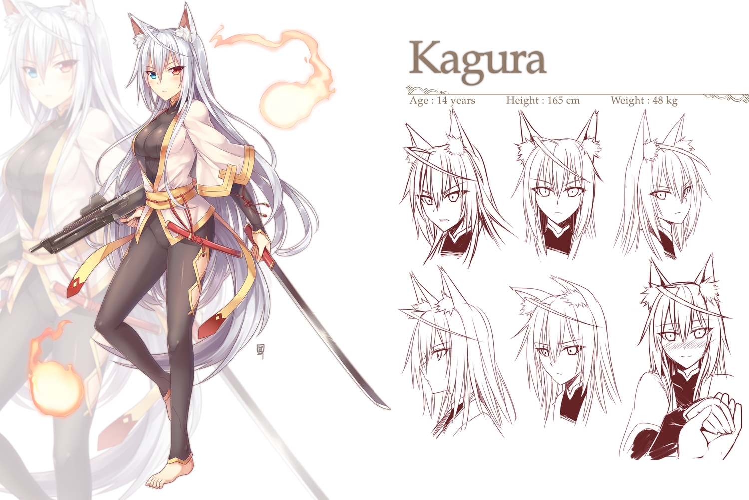 animal_ears, barefoot, bicolored_eyes, blush, bodysuit, breasts, coffee-straw-luzi, fire, gun, katana, knife, long_hair, original, signed, skintight, sword, tail, weapon, white_hair, zoom_layer