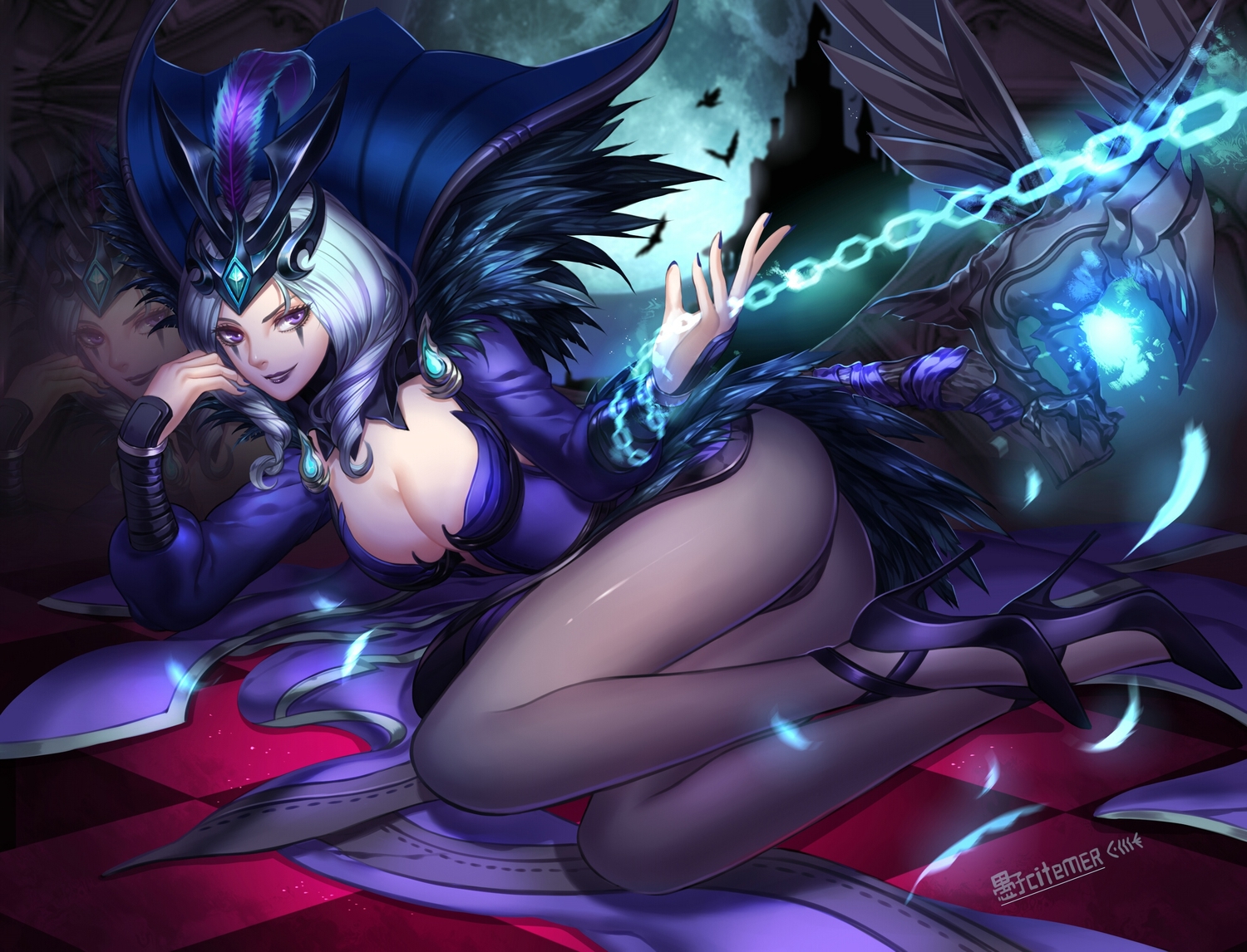 breasts, chain, cleavage, dress, emilia_leblanc, gray_hair, headdress, league_of_legends, liuruoyu8888, pantyhose, purple_eyes, tattoo