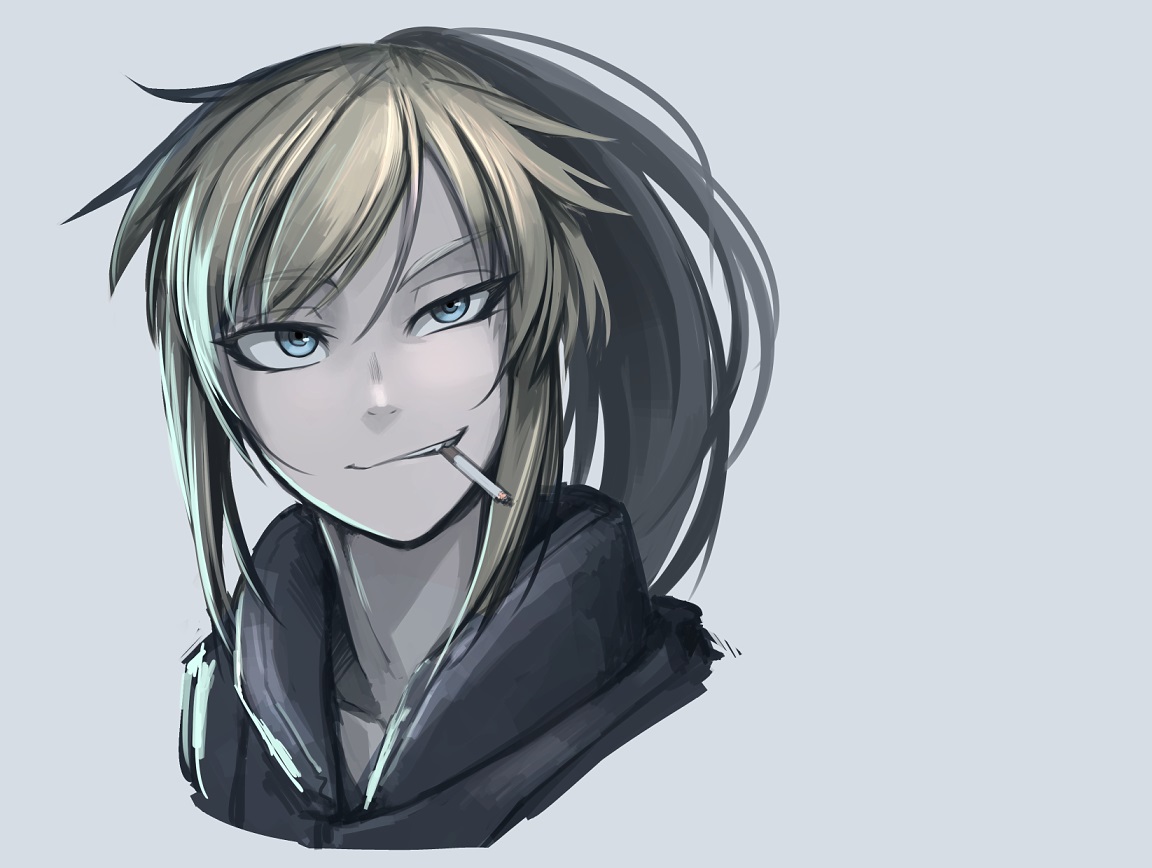 blonde_hair, blue_eyes, cigarette, hellshock, original, ponytail, suzumi_(hellshock)