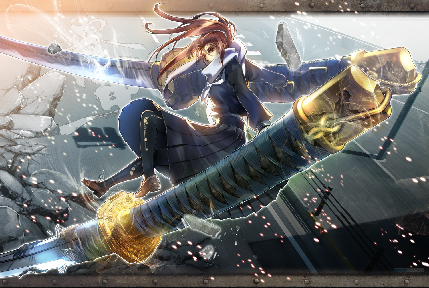 brown_eyes, brown_hair, katana, long_hair, original, pantyhose, school_uniform, skirt, sword, takayama_dan, weapon