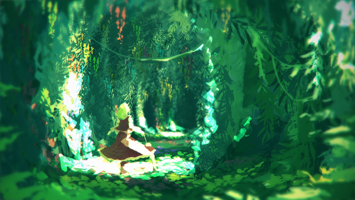 forest, green, green_hair, kazami_yuuka, leaves, niy_(nenenoa), scenic, skirt, touhou, tree