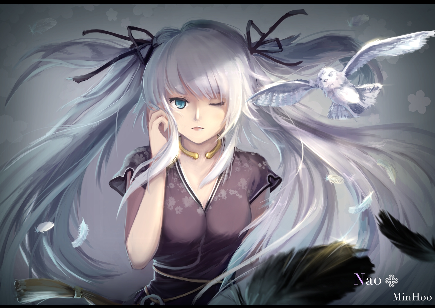 animal, bird, blue_eyes, feathers, long_hair, mabinogi, minhoo, nao