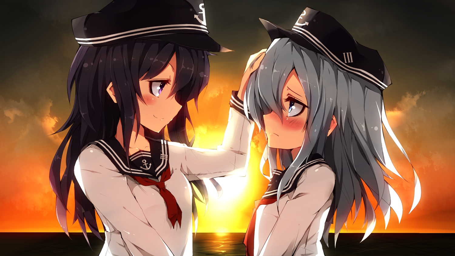 2girls, akatsuki_(kancolle), anthropomorphism, blush, hat, hibiki_(kancolle), kantai_collection, oyu_(sijimisizimi)