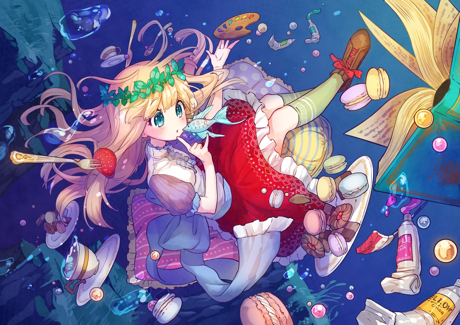 778-go, animal, aqua_eyes, blonde_hair, book, dress, fish, food
